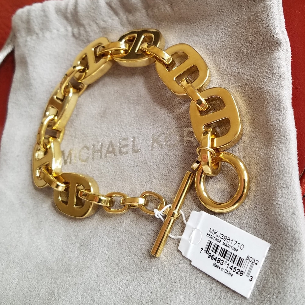 Michael Kors Heritage Maritime Chain Link Toggle Bracelet Gold Tone Heavy NWT - Picture 6 of 15